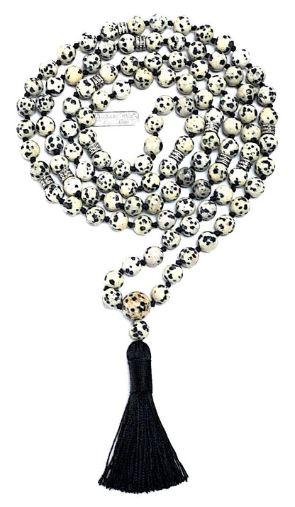 Dalmatian Jasper Mala Necklace: Virgo Birthstone - Balance & Harmony - Root & Crown Chakra (8mm Beads, 44 Inch Length)