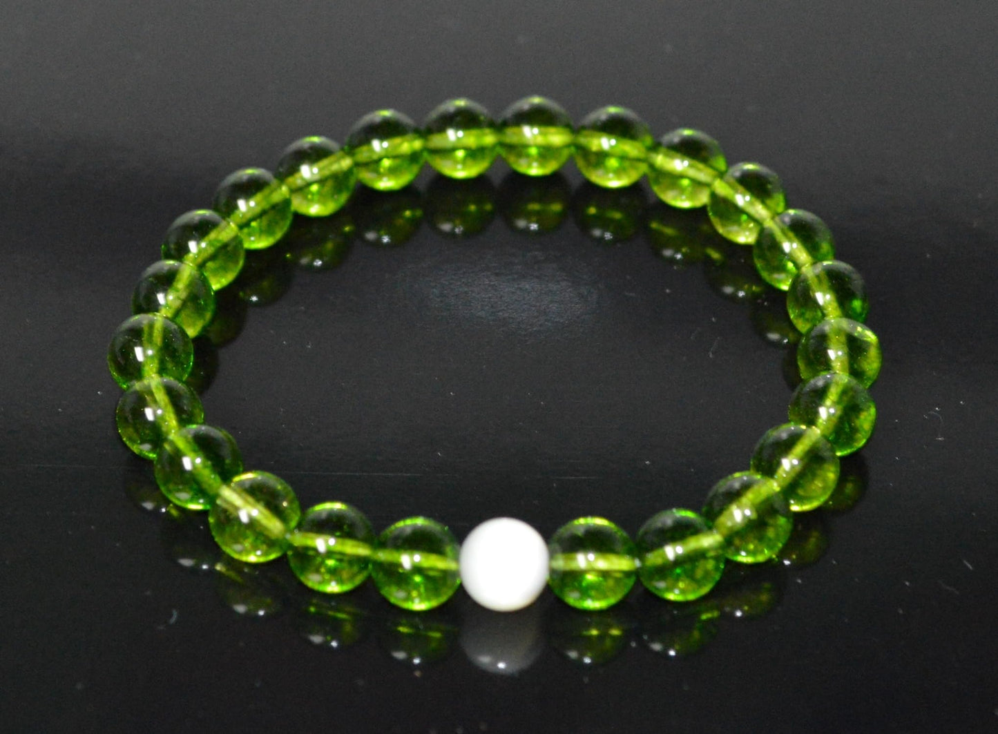 Handcrafted Peridot and Mother of Pearl Stretch Bracelet - August Birthstone for Leo and Virgo - Heart Chakra Alignment