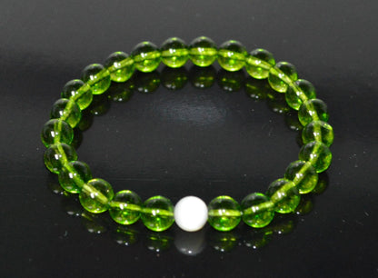 Handcrafted Peridot and Mother of Pearl Stretch Bracelet - August Birthstone for Leo and Virgo - Heart Chakra Alignment