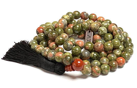 Handmade Heart & Earth Harmony Mala – Unakite Beads with Carnelian Guru | 8mm 108 Beads | Heart & Root Chakras | July Birthstone Energy | Ethically Sourced