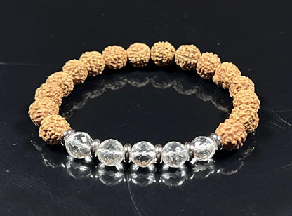 5 Mukhi (five faces) Chikna Rudraksha and Crystal Quartz Stretch Bracelet | Birthstone for April, Taurus Sun Sign | Crown Chakra (Wrist Size 6.5 Inches)