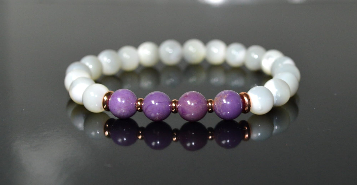 Moonstone & Phosphosiderite Stretch Bracelet - Cancer & Sagittarius Birthstone - Crown & Heart Chakra