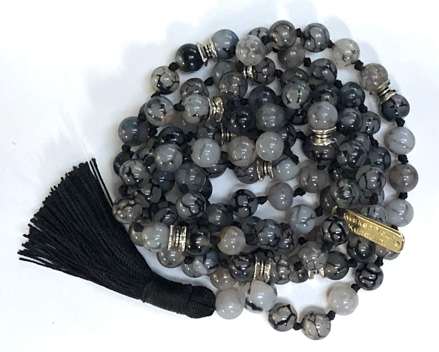 Certified Energized Mala Beads Necklace with COA - Chakra Mala - Japa Mala - 8mm 108 Buddhist Prayer Beads - Meditation Mala - Tassel Necklace – Zodiac/Sun Sign stones (Dragon Vein Agate)
