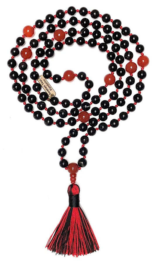 Hand-Knotted Black Tourmaline & Red Carnelian Mala Beads Necklace – 108 Beads – Scorpio & Aries Birthstone – Root & Sacral Chakra Energy Beads