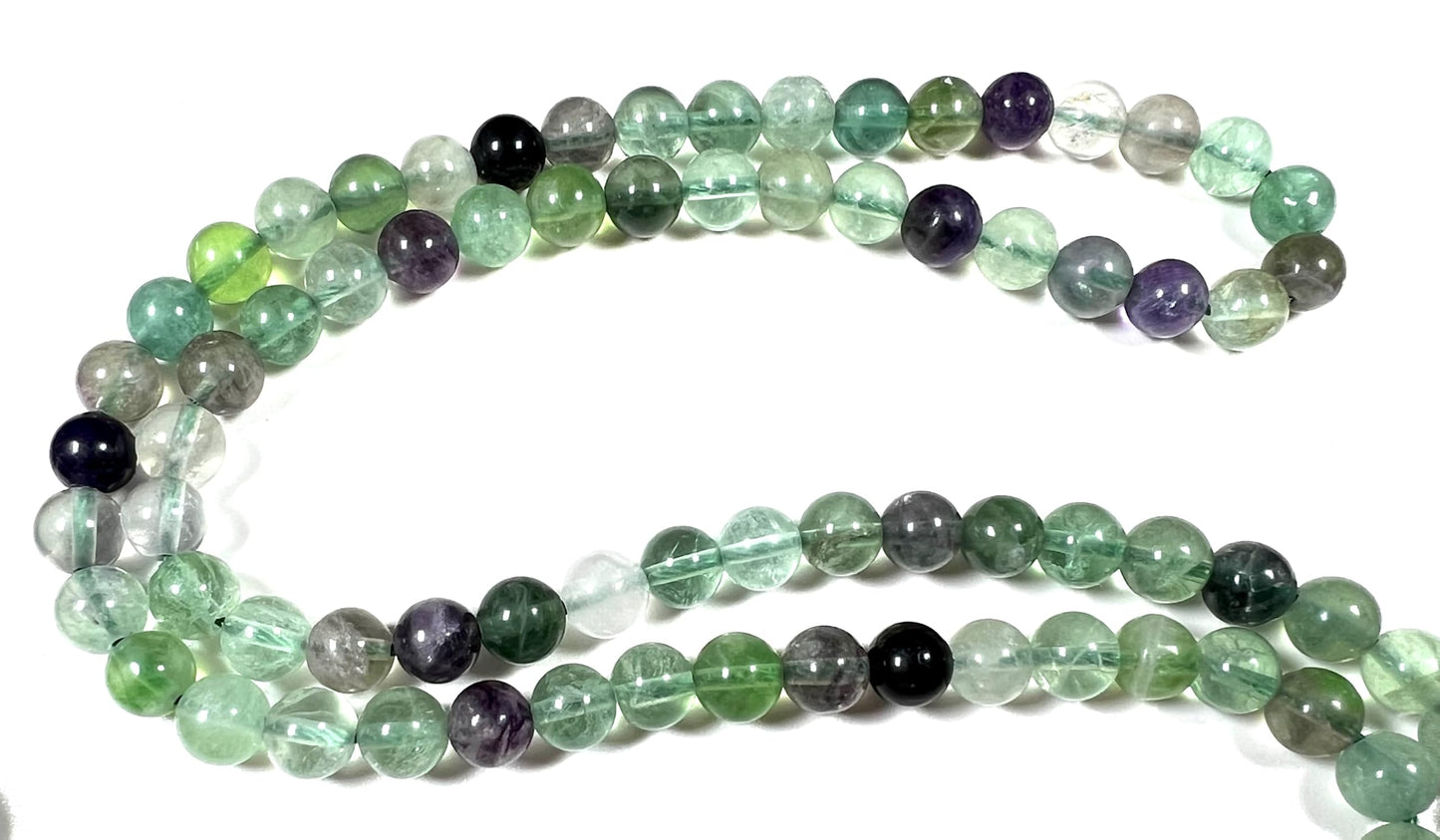 Handmade Rainbow Fluorite Mala Beads Necklace – 6mm & 8mm 108 Beads – Pisces Birthstone – Third Eye & Crown Chakra