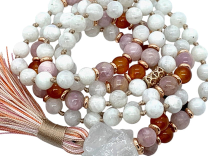 Lunessa Mala Necklace – Hand Knotted Moonstone, Kunzite & Carnelian with Raw Quartz Guru | 8mm 108 Beads | Crown-to-Sacral Chakra Alignment | June & July Birthstones | Ethically Sourced