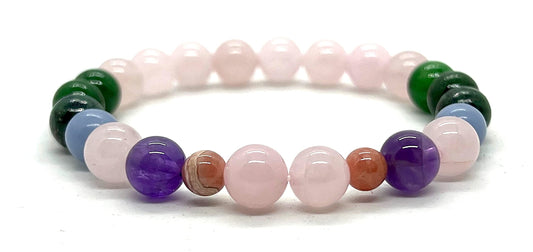 Harmony & Balance Bracelet: Amethyst, Rose Quartz, Green Jade, Angelite, Rhodochrosite (8mm Beads, 7.5 Inch Wrist)