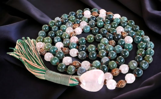 Energized Natural 108 Moss Agate Mala Beads Necklace