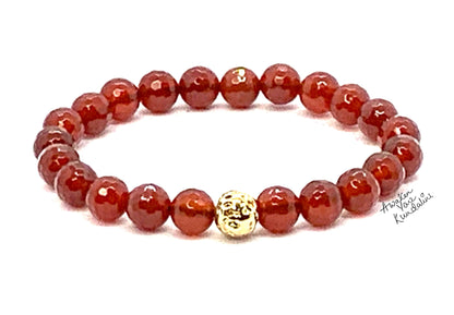 Red Carnelian & Golden Finish Lava Rock Stretch Bracelet – 8mm Beads – AAA Grade Faceted – Sacral Chakra & Leo Birthstone