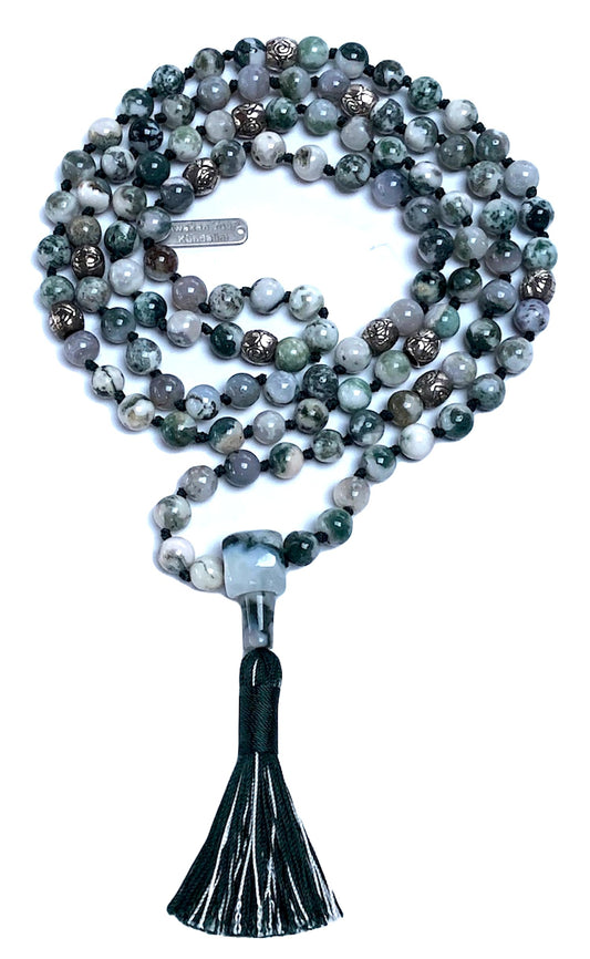 Hand Knotted Green Tree Agate Mala Necklace - Gemini & Virgo Birthstone - Root & Heart Chakra - 8mm 108 Beads with Zinc Alloy Spacers