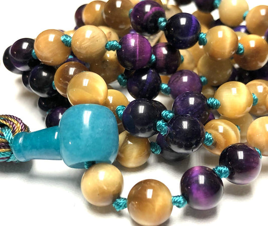 Embrace Balance and Beauty with this Exquisite Golden and Purple Tiger's Eye Mala Beads Necklace - Leo & Sagittarius Birthstone, Solar Plexus & Crown Chakra