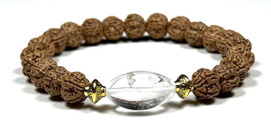 5 Mukhi Pathri Chikna Rudraksha and Himalayan Ice Crystal Quartz Stretch Bracelet – December Birthstone, Sagittarius Astrological Sign, Crown Chakra