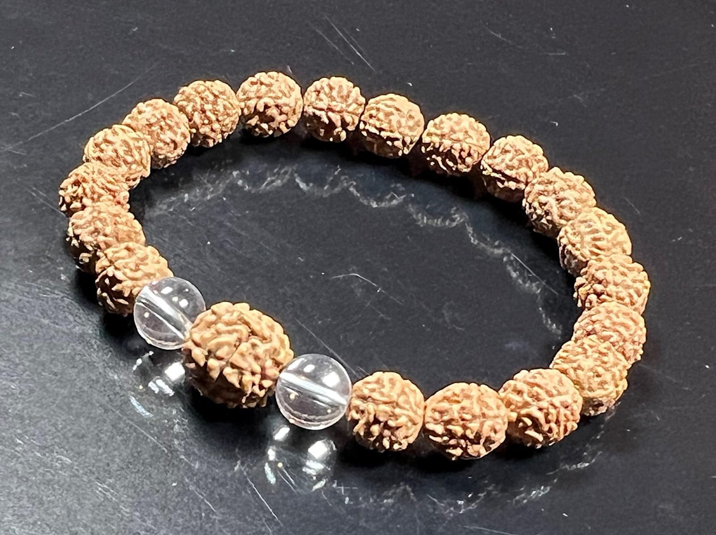 AWAKEN YOUR KUNDALINI Divine Harmony - Stretch Bracelet with Rudraksha & Crystal Quartz - 5 Mukhi, 7 Mukhi Rudraksha, April Birthstone, Taurus Gemstone, Root Chakra