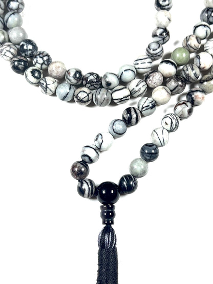 Handmade Natural Netstone Jasper Mala Beads Necklace | 8mm | 108 Beads | Earth Energy Mala | Aries Birthstone & Root Chakra