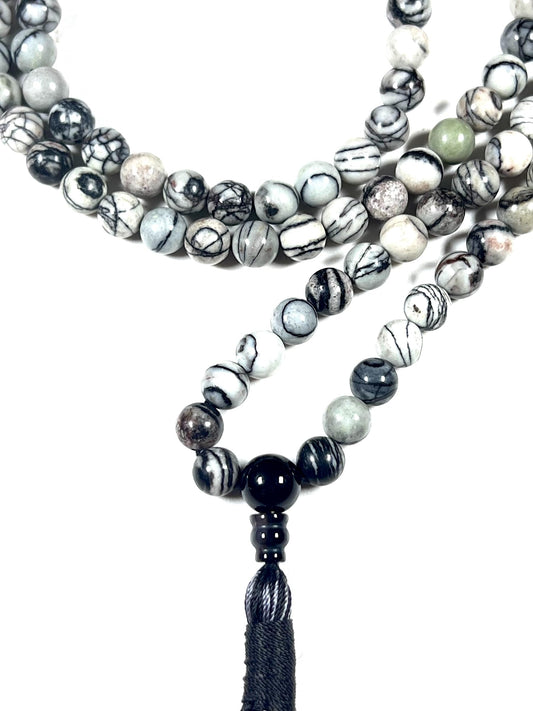 Handmade Natural Netstone Jasper Mala Beads Necklace | 8mm | 108 Beads | Earth Energy Mala | Aries Birthstone & Root Chakra