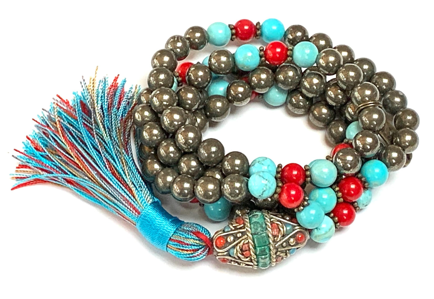 Stunning Pyrite Turquoise Red Coral Mala Beads Necklace – Scorpio & Aries Birthstone for April & October – Root and Throat Chakra - 108 Beads