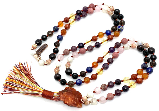 Hand Knotted Calming Energy Emotional Balance Mala Beaded Necklace – 8mm | 108 Beads | 12-Stone Chakra Harmony | Ethically Sourced Gemstones