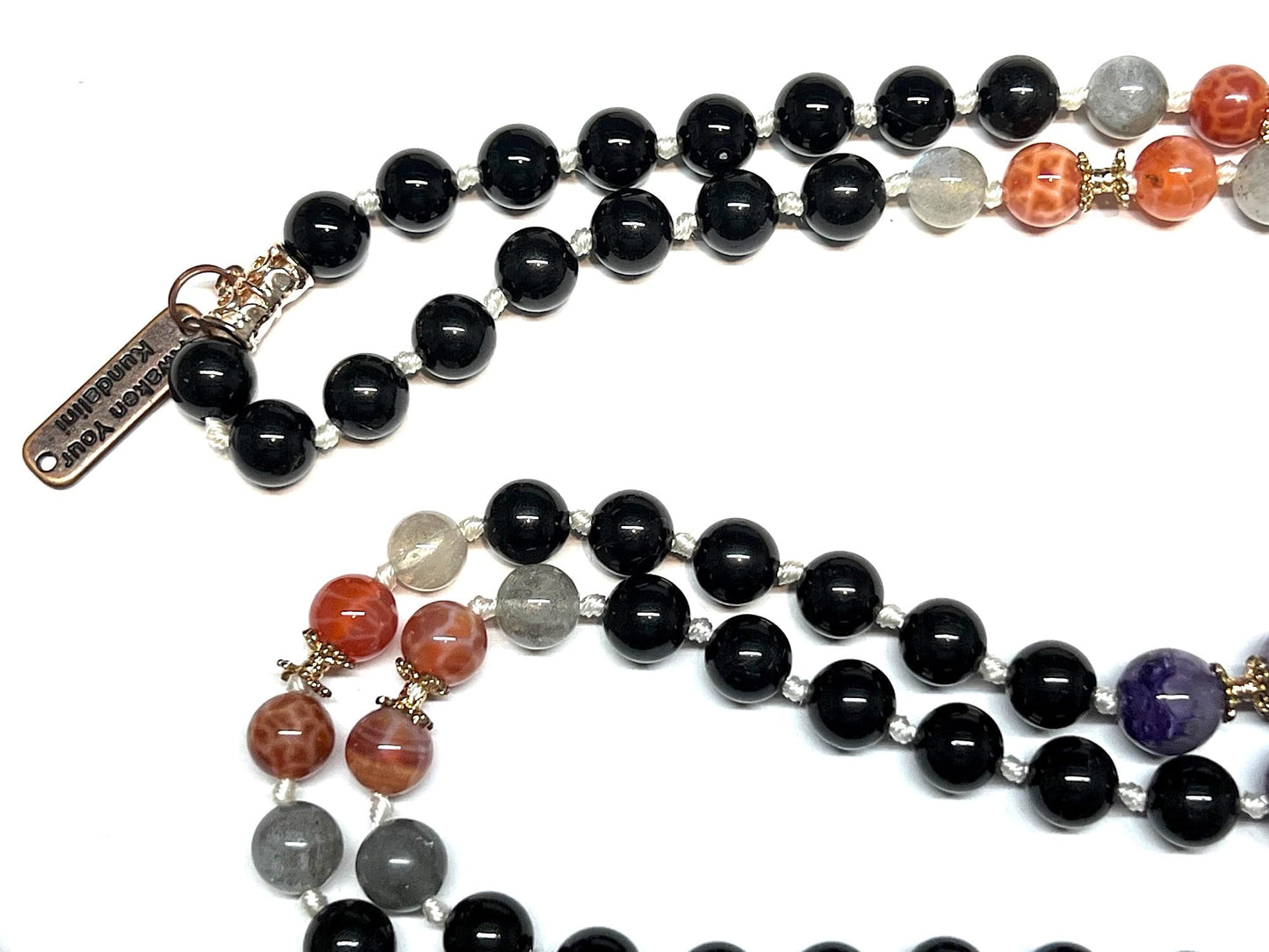VESTA 108 Hand-Knotted Labradorite, Fire Agate, Tourmaline & Charoite Mala Necklace | Root & Sacral Chakra Healing | Leo, Scorpio & Capricorn Birthstone | Handmade in USA