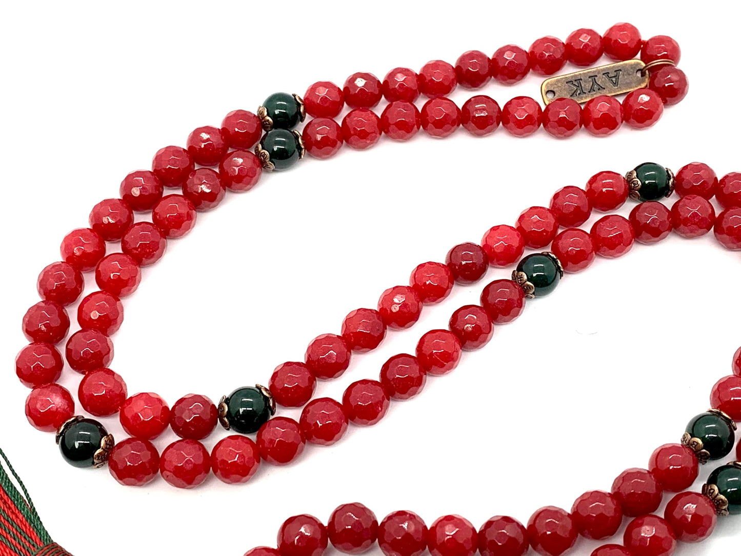 Faceted Red Agate and Green Agate Mala Necklace | 8mm, 108 Beads | August & May Birthstones, Leo & Taurus Zodiac, Heart & Root Chakras