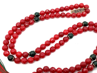 Faceted Red Agate and Green Agate Mala Necklace | 8mm, 108 Beads | August & May Birthstones, Leo & Taurus Zodiac, Heart & Root Chakras