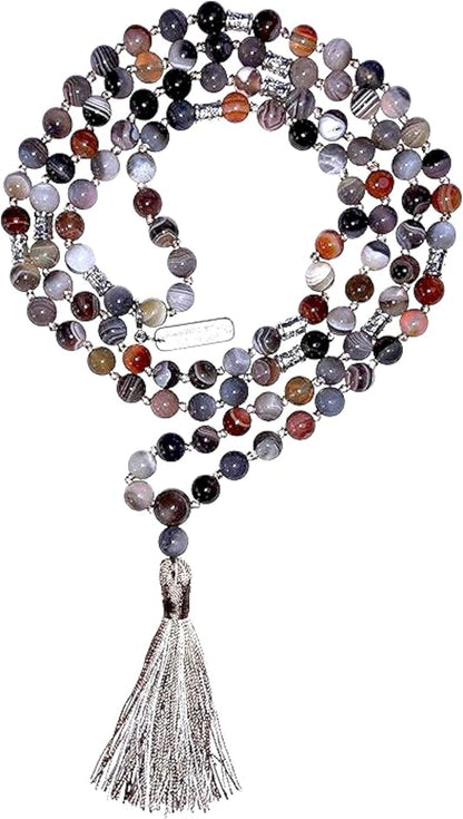 Certified Energized Mala Beads Necklace with COA - Chakra Mala - Japa Mala - 8mm 108 Buddhist Prayer Beads - Meditation Mala - Tassel Necklace – Zodiac/Sun Sign stones (Botswana Agate)