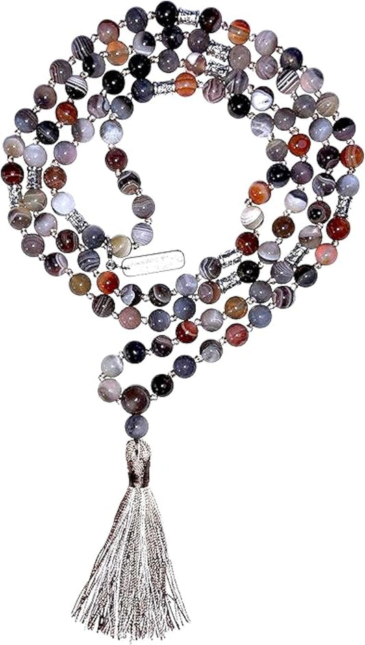 Certified Energized Mala Beads Necklace with COA - Chakra Mala - Japa Mala - 8mm 108 Buddhist Prayer Beads - Meditation Mala - Tassel Necklace – Zodiac/Sun Sign stones (Botswana Agate)