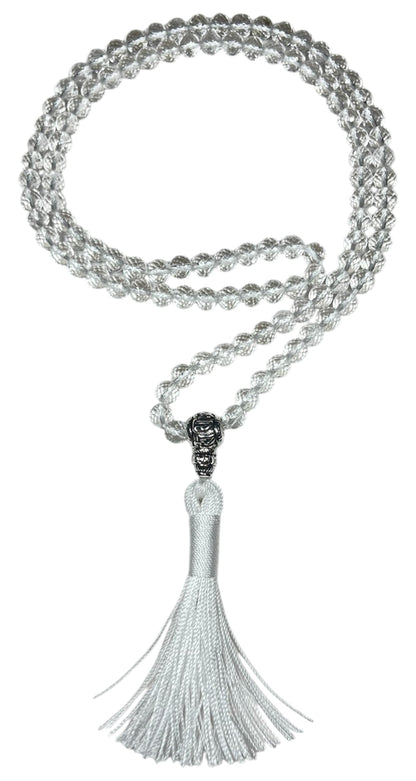 Diamond Cut Crystal Quartz Mala Beads Necklace – 108 Beads – Alloy Guru Bead with "Om Mani Padme Hum" Mantra Inscription – 6mm & 8mm – April Birthstone & Crown Chakra Energy Beads
