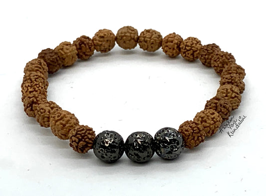VULCAN 5 Mukhi Rudraksha & Gun Metal Lava Bracelet | Grounding & Spiritual Focus
