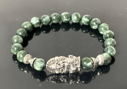Seraphinite Stretch Bracelet with Choice of Alloy Silver Finish Mother Mary & Holy Cross or Lord Ganesha - Universal Birthstone - Heart & Crown Chakra