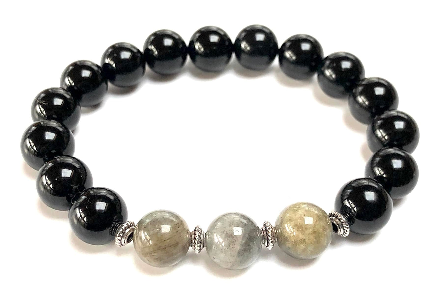 Black Tourmaline & Labradorite Stretch Bracelet – Birthstone for October, Sun Sign Scorpio & Libra, Root & Third Eye Chakra
