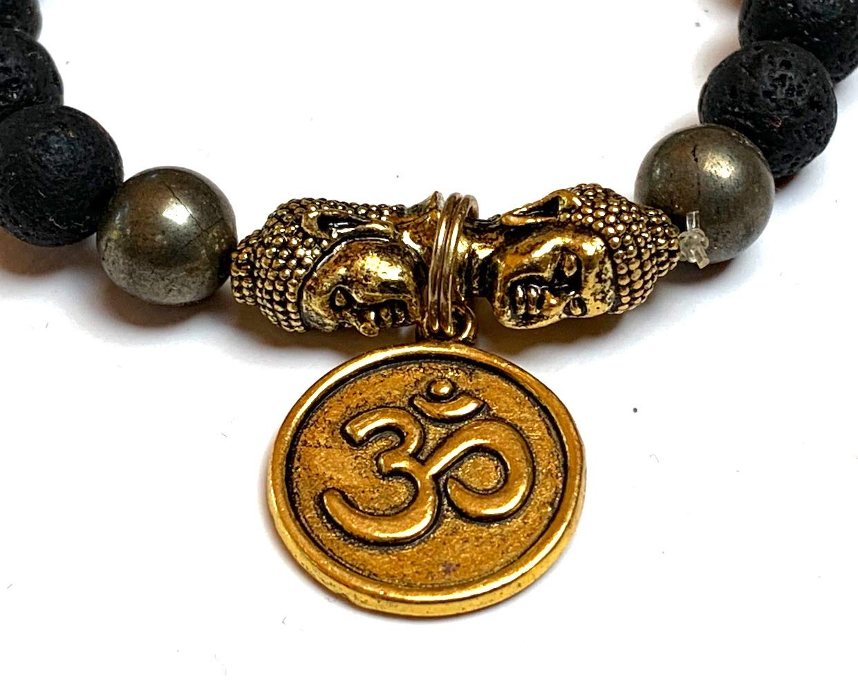 VULCAN Pyrite Lava Stretch Bracelet with Buddha & Om Charm | Grounding & Abundance