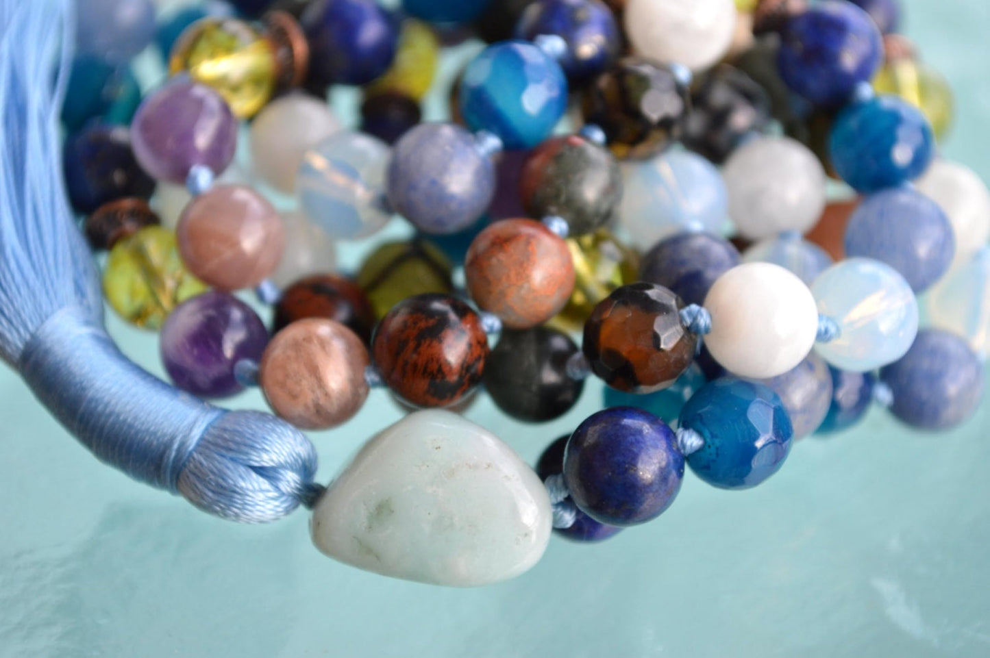 Hand Knotted Libra Mala Beads Necklace - Birthstone Jewelry for September and October - Heart and Throat Chakra Alignment - Heart and Throat Chakra Alignment