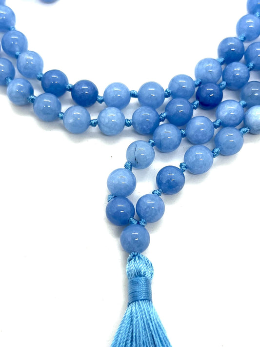 Hand-Knotted Sky Blue Jade Mala (108 Beads, 8mm) - Embrace Calm & Clarity - Aquarius & Gemini Birthstone - Throat Chakra Balance