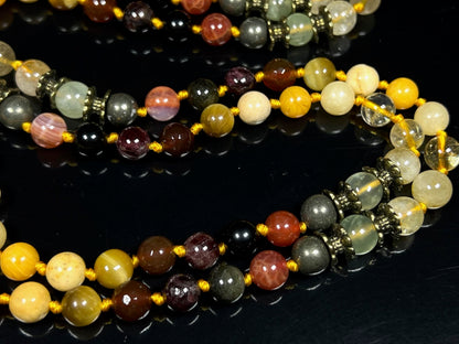 Hand Knotted Abundance Alchemist Mala Beads Necklace | Manifestation Crystals | 8mm 108 Beads | Solar Plexus & Root Chakras | Universal Zodiac Birthstones | Ethically Sourced