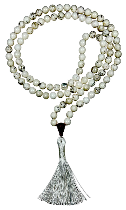 Natural White Howlite Mala Beads Necklace – 6mm & 8mm, 108 Beads – Gemini Birthstone, Crown Chakra Mala