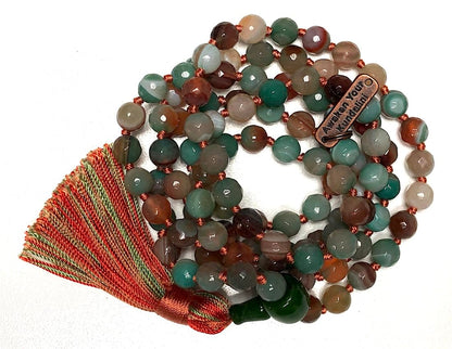 Experience Serenity & Balance with the Hand-Knotted Indian Agate Mala Beads Necklace - Taurus & Gemini Birthstone, Heart & Root Chakra Activation