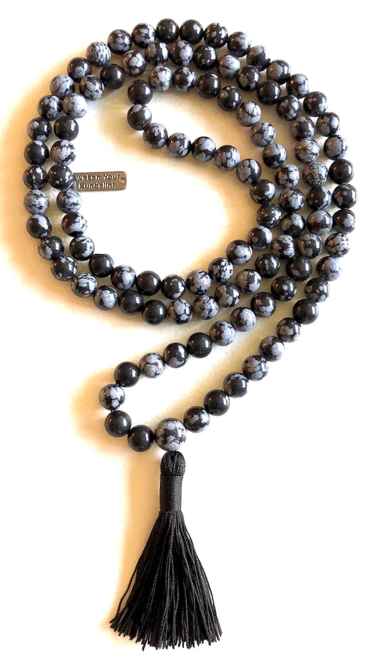 Snowflake Obsidian Mala Beads Necklace, 8mm 108 Mala Beads, Capricorn and Virgo Birthstone Crystal Gemstones