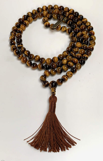 Tiger Eye Tiger's Eye Mala Beads Necklace 3rd Chakra Throat Chakra Healing Crystals 108 Prayer Beads - Grounding Integrity Will Power Intution Insomnia Libido Powerful (BROWN, Bead size 8 mm)