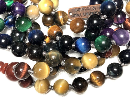 Stunning Multi-Color Rare Tiger's Eye Tiger Eye Mala Beads Necklace - Leo & Sagittarius Birthstone - Multi Chakra Association