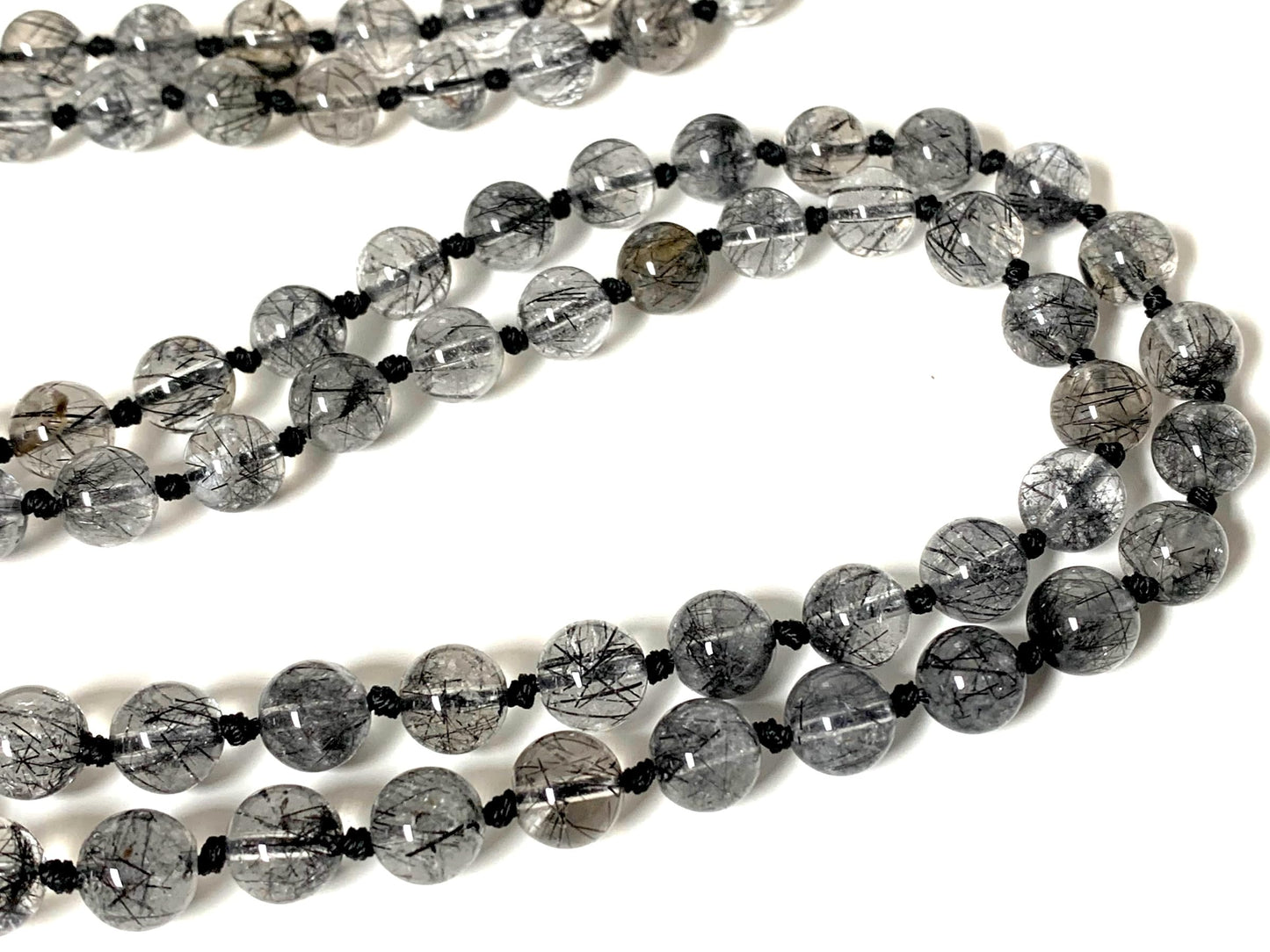 AAA Grade Rutilated Quartz Mala Necklace with Black Tourmaline Guru Bead – Hand-knotted 8mm 108 Beads | Crown & Root Chakras | April Birthstone Energy | Ethically Sourced