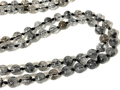 AAA Grade Rutilated Quartz Mala Necklace with Black Tourmaline Guru Bead – Hand-knotted 8mm 108 Beads | Crown & Root Chakras | April Birthstone Energy | Ethically Sourced