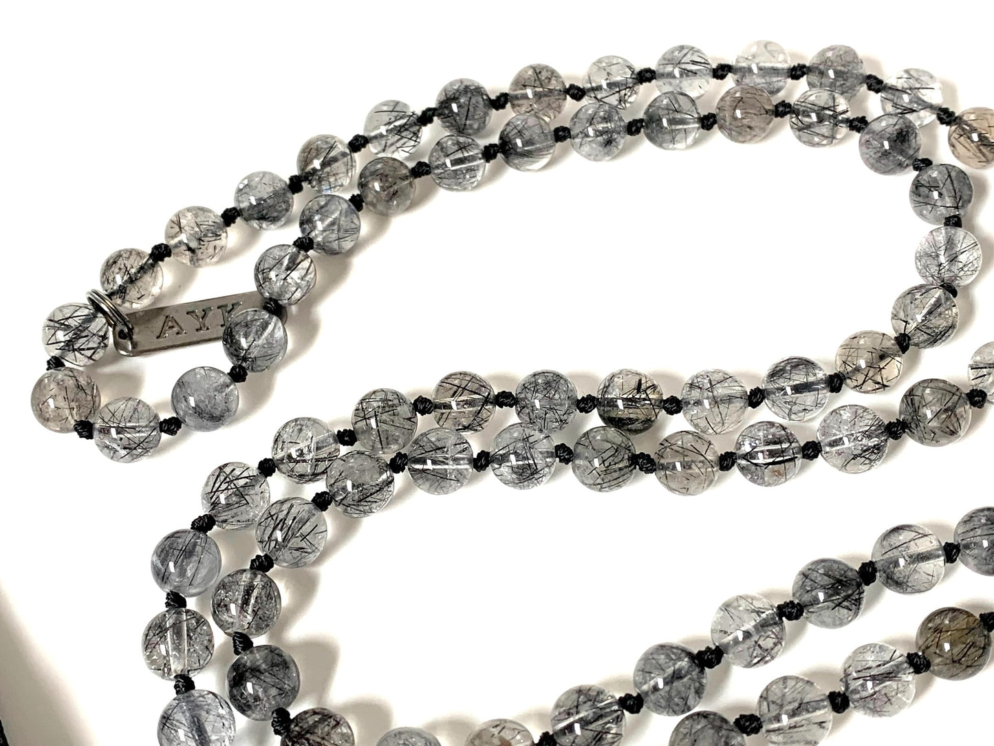 AAA Grade Rutilated Quartz Mala Necklace with Black Tourmaline Guru Bead – Hand-knotted 8mm 108 Beads | Crown & Root Chakras | April Birthstone Energy | Ethically Sourced