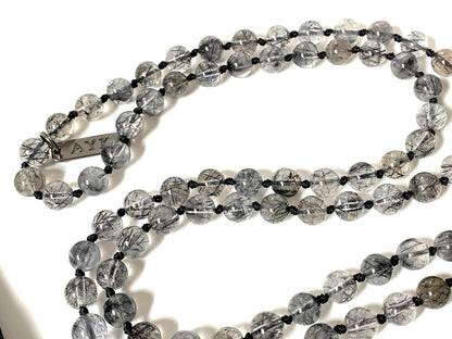 AAA Grade Rutilated Quartz Mala Necklace with Black Tourmaline Guru Bead – Hand-knotted 8mm 108 Beads | Crown & Root Chakras | April Birthstone Energy | Ethically Sourced