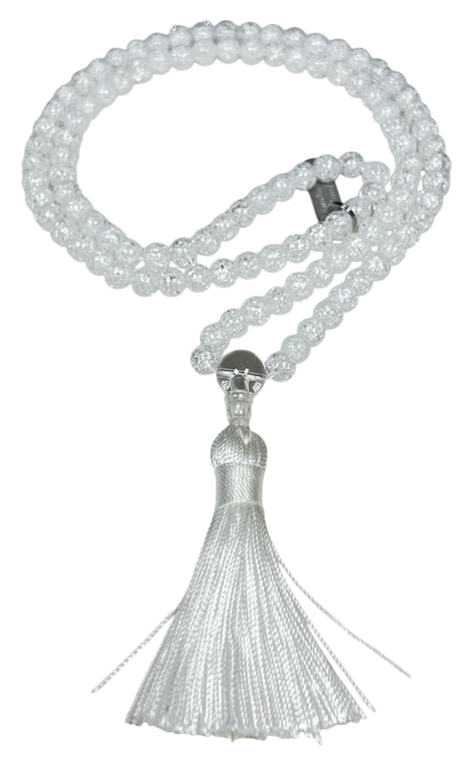 Handmade Crackle Crystal Quartz Mala Necklace – 6mm & 8mm | 108 Beads | Crown Chakra & April Birthstone | Ethically Sourced