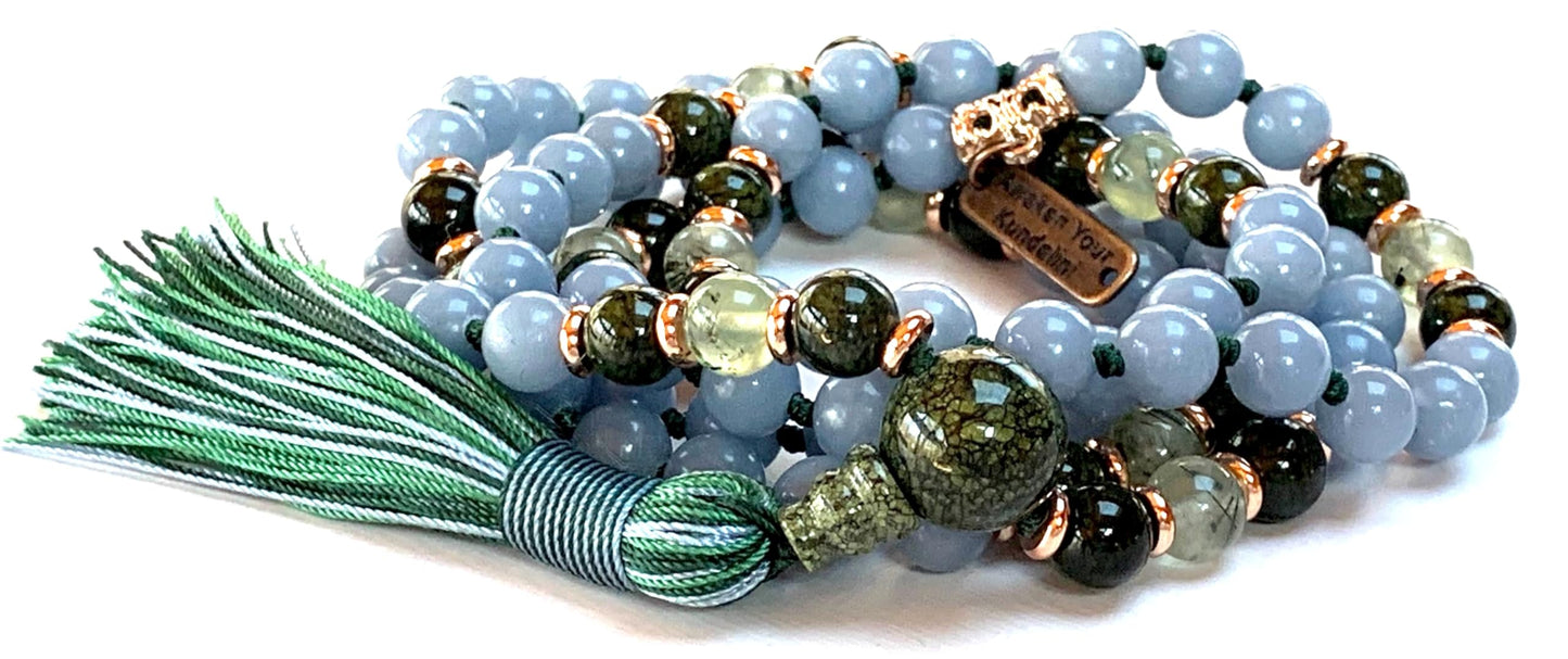 Hand-Knotted Angelite, Tourmaline, Prehnite & Green Jade Mala Beads Necklace | 8mm 108 Beads | Universal Birthstone | Heart & Throat Chakra
