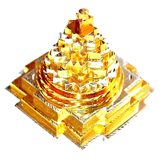 Sri Shree Meru Yantra, Sri Chakra in Brass Size 3" Inch - Spiritual Powers, Vaastu Dosh, Prosperity - 3D - 2 Tone