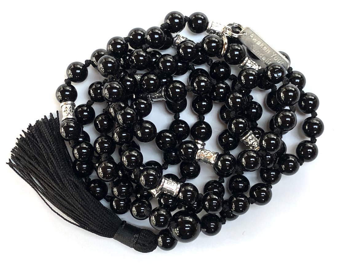 Certified Energized Mala Beads Necklace with COA - Chakra Mala - Japa Mala - 8mm 108 Buddhist Prayer Beads - Meditation Mala - Tassel Necklace – Zodiac/Sun Sign stones (Black Onyx)
