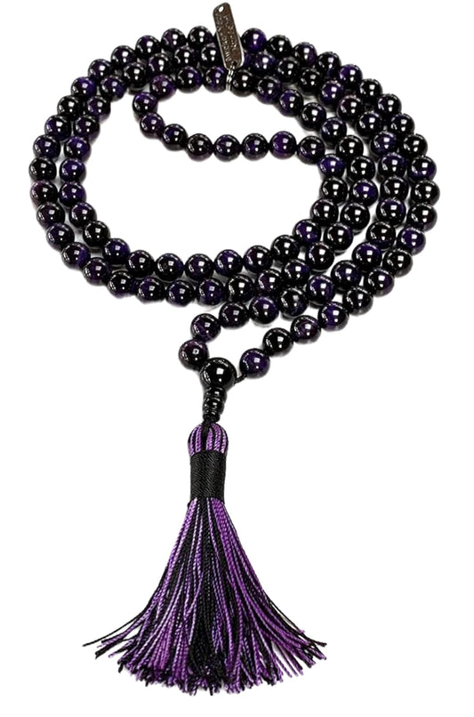 Handmade Purple Tiger's Eye Mala Necklace: Aquarius & Pisces Birthstone - Intuition & Confidence - Third Eye & Solar Plexus Chakra (8mm Beads, 36 Inch Length)