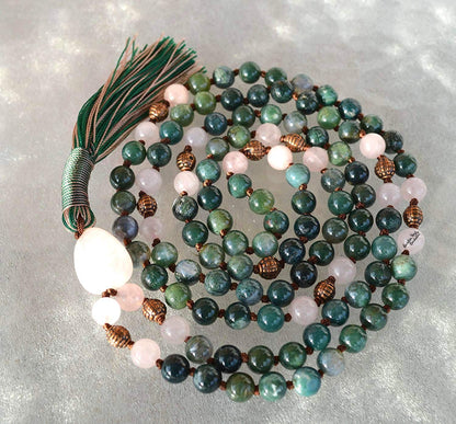 Energized Natural 108 Moss Agate Mala Beads Necklace