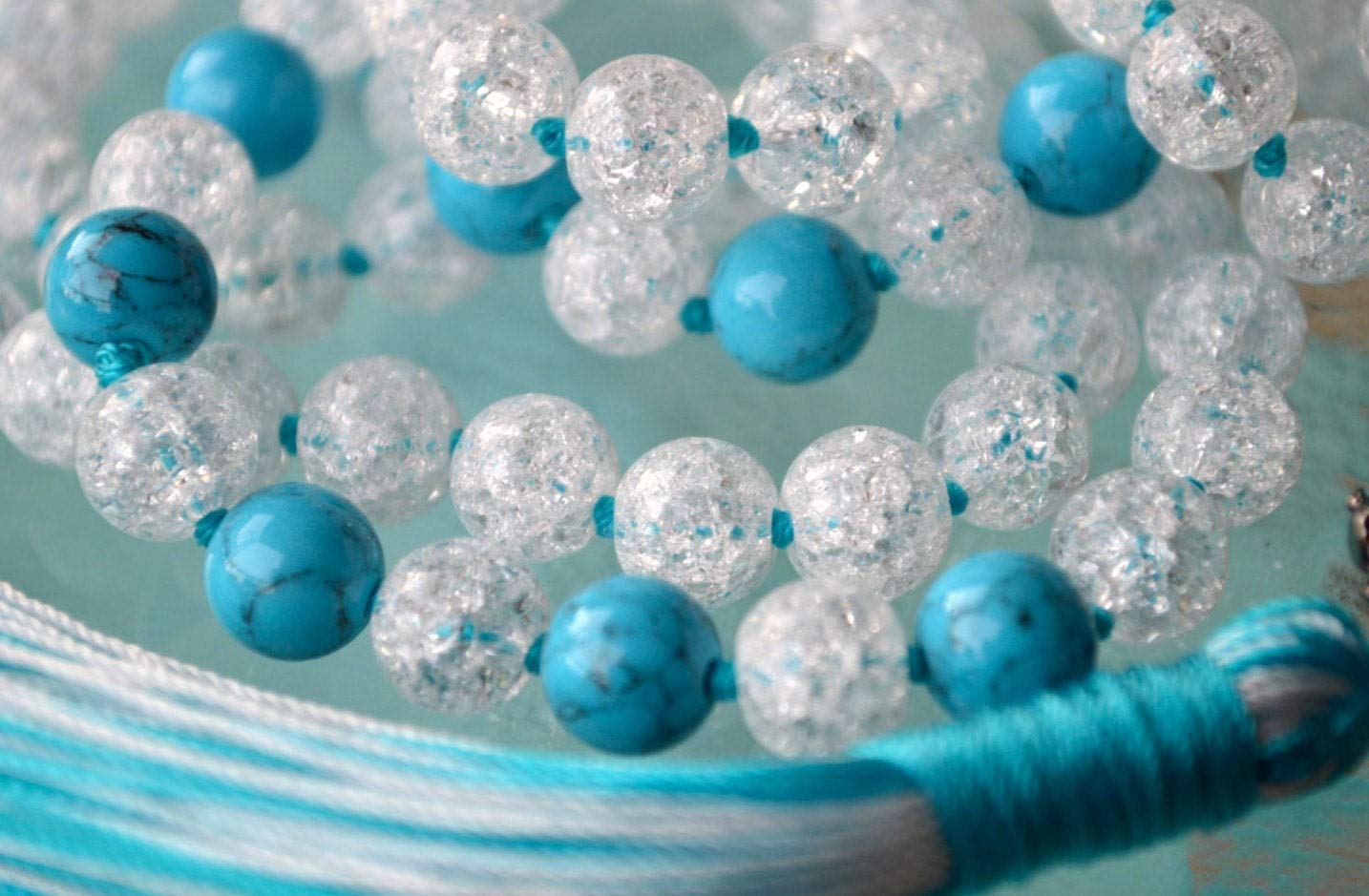 Crackled Quartz & Turquoise Hand-Knotted Mala Necklace  | PRABHA Collection
